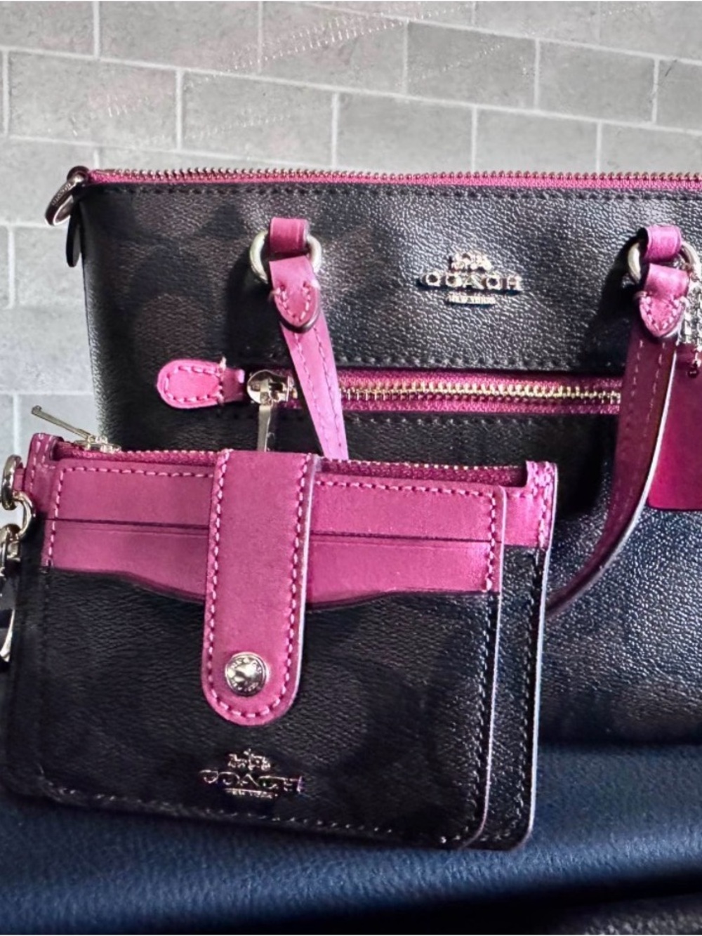 Coach Brown and Magenta Leather Mini Gallery Tote with matching Card Case